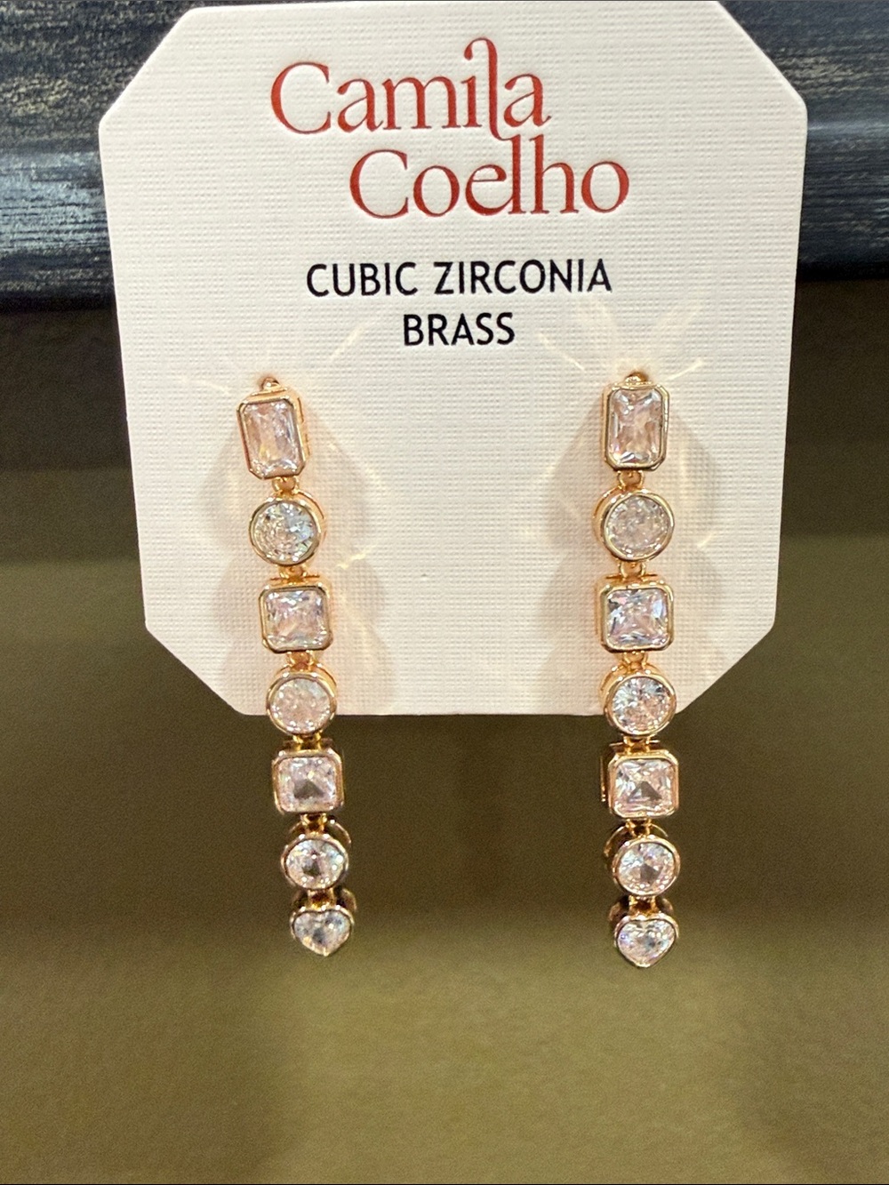 Camila Coelho Gold Linear Drop Earrings with Clear Stones
